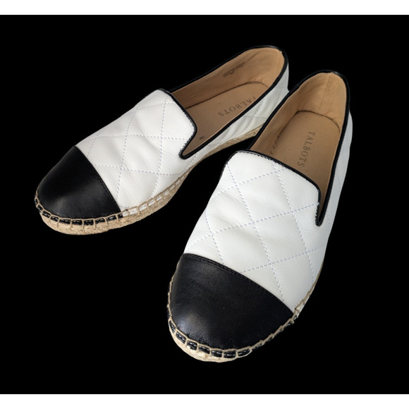 Talbots Izzy White Soft Leather Quilted Black Cap Toe Napa Espadrille Flats Sz 8 - Picture 1 of 8